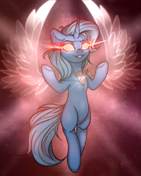 Size: 2019x2520 | Tagged: safe, artist:radioaxi, trixie, alicorn, pony, unicorn, g4, magic duel, my little pony: friendship is magic, alicorn amulet, alicornified, artificial wings, augmented, featured image, female, glowing, glowing eyes, hooves, horn, magic, magic wings, magical artifact, mare, missing cutie mark, powerful, race swap, red eyes take warning, sexy, solo, trixiecorn, wings, xk-class end-of-the-world scenario