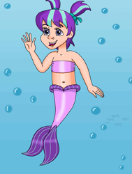 Size: 869x1152 | Tagged: safe, artist:ocean lover, starlight glimmer, human, mermaid, g4, bandeau, bare midriff, bare shoulders, belly, belly button, bubble, child, cute, fins, fish tail, glimmerbetes, hair ribbon, happy, humanized, looking at someone, mermaid tail, mermaidized, midriff, ms paint, ocean, open mouth, pigtails, purple eyes, purple hair, ribbon, species swap, swimming, tail, tail fin, two toned hair, underwater, water, waving, young, younger