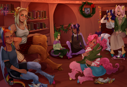 Size: 4700x3218 | Tagged: safe, artist:altarichiru, applejack, fluttershy, pinkie pie, rainbow dash, rarity, spike, twilight sparkle, alicorn, human, satyr, g4, alicorn humanization, band-aid, blushing, book, breasts, christmas, christmas lights, christmas wreath, cleavage, coffee mug, dark skin, eared humanization, eyes closed, female, garland, golden oaks library, grin, hearth's warming, high res, holiday, horned humanization, humanized, jewelry, light skin, male, mane seven, mane six, mismatched hooves, mouth hold, mug, necklace, open mouth, open smile, picture frame, plushie, present, satyrized, sitting, smiling, snow globe, string lights, tan skin, toothpick, twilight sparkle (alicorn), winged humanization, wreath