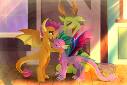 Size: 2400x1600 | Tagged: safe, artist:darksly, smolder, spike, thorax, changedling, changeling, dragon, g4, commission, crying, dragoness, female, hug, king thorax, male, quadrupedal spike, ship:spolder, shipping, species swap, spread wings, straight, tears of joy, train station, trio, winged spike, wings