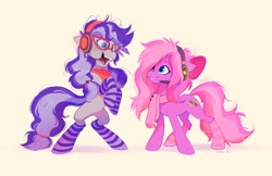 Size: 2048x1328 | Tagged: safe, artist:imalou, oc, oc only, oc:cinnabyte, oc:lillybit, earth pony, pony, bow, clothes, commission, duo, duo female, earth pony oc, female, glasses, hair bow, headset, looking at each other, looking at someone, mare, open mouth, open smile, scarf, smiling, smiling at each other, striped scarf