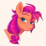 Size: 3000x3000 | Tagged: safe, artist:imalou, sunny starscout, earth pony, pony, g5, braid, braided ponytail, bust, eyebrows, female, lidded eyes, long mane, looking at you, mare, ponytail, portrait, scrunchie, smiling, smiling at you, solo