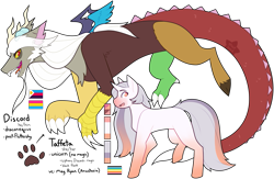 Size: 1469x960 | Tagged: safe, artist:shortbred, discord, oc, oc:taff, draconequus, unicorn, g4, g5, feral, horn, pansexual pride flag, polyamory pride flag, pride, pride flag, queer pride flag, reference sheet