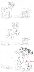 Size: 2200x4600 | Tagged: safe, artist:rocket-lawnchair, oc, oc:anon, human, pony, autistic screeching, black and white, bloodborne, comic, crossover, duo, duo male and female, elden ring, female, giant pony, grayscale, high res, hop, horns, human male, macro, male, mare, monochrome, partial color, ponified, simple background, torrent (elden ring), white background, you died