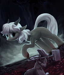 Size: 2200x2600 | Tagged: safe, artist:rocket-lawnchair, human, pony, bloodborne, crossover, duo, duo male and female, elden ring, female, giant pony, hammer, high res, horns, human male, macro, male, mare, ponified, torrent (elden ring), war hammer, weapon