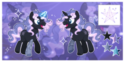 Size: 7704x3825 | Tagged: safe, artist:lavender-bases, oc, oc:star tech, pony, unicorn, absurd resolution, amputee, horn, male, passepartout, prosthetic leg, prosthetic limb, prosthetics, reference sheet, solo, stallion