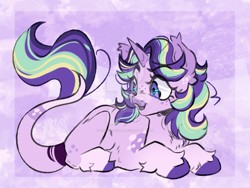 Size: 1280x960 | Tagged: safe, artist:pixiecloud248, starlight glimmer, pony, unicorn, g4, alternate design, colored hooves, deviantart watermark, ear fluff, eye clipping through hair, fluffy, hooves, horn, leonine tail, lying down, obtrusive watermark, prone, solo, tail, unshorn fetlocks, watermark