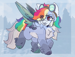 Size: 1280x960 | Tagged: safe, artist:pixiecloud248, rainbow dash, pegasus, pony, g4, alternate design, cloven hooves, deviantart watermark, eye clipping through hair, female, goggles, looking back, mare, obtrusive watermark, solo, watermark, wings