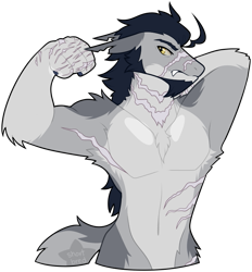 Size: 651x703 | Tagged: safe, artist:shortbred, oc, oc only, oc:cavalry, diamond dog, earth pony, hybrid, anthro, armpits, belly, belly button, chest fluff, clothes, fangs, fluffy, male, muscles, partial nudity, scar, simple background, solo, topless, transparent background