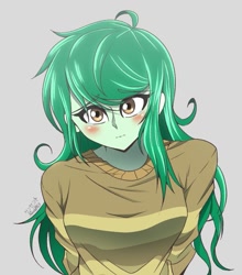 Size: 789x898 | Tagged: safe, artist:sunsetzg3, wallflower blush, human, equestria girls, g4, 2d, bangs, blushing, breasts, clothes, eyebrows, female, gray background, looking at you, messy hair, simple background, solo, sweater, teary eyes