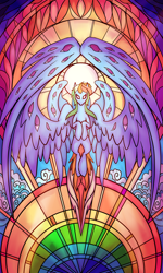 Size: 2400x4000 | Tagged: safe, artist:rocket-lawnchair, part of a set, rainbow dash, angel, pegasus, pony, g4, biblically accurate angels, blank eyes, eyes do not belong there, female, flying, high res, large wings, looking at you, mare, multiple eyes, solo, sonic rainboom, stained glass, wings