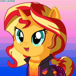 Size: 1980x1986 | Tagged: safe, artist:codenamekid, sunset shimmer, pony, unicorn, g4, badge, clothes, cute, equestria girls outfit, female, gradient background, gridlines, highlights, horn, jacket, looking at you, mare, music festival outfit, namesake, pants, shading, shimmerbetes, shirt, solo, sunshine shimmer