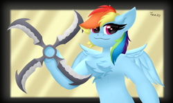 Size: 1262x752 | Tagged: safe, artist:twinky, rainbow dash, pegasus, pony, g4, chest fluff, female, mare, shuriken, weapon, wings