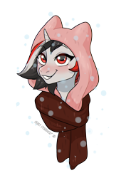 Size: 2248x3182 | Tagged: safe, oc, oc:red rocket, unicorn, blushing, bust, clothes, commission, hood, horn, scarf, simple background, smiling, solo, transparent background, unicorn oc, ych result