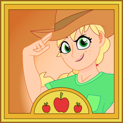 Size: 1200x1200 | Tagged: safe, artist:prixy05, applejack, human, g4, applejack's hat, bust, cowboy hat, hat, humanized, portrait, solo