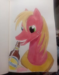 Size: 1003x1280 | Tagged: safe, artist:erisdich, big macintosh, earth pony, pony, g4, alcohol, beer, beer bottle, bottle, drink, ears up, eyes open, gouache, green eyes, notebook, paper, photo, short mane, traditional art