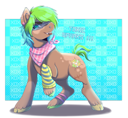 Size: 2959x2737 | Tagged: safe, alternate version, artist:kaijulii, oc, oc only, earth pony, >:), >:3, >:p, abstract background, bandana, blue background, blue eyes, blue mane, bushy brows, checkered background, clothes, coat markings, colored hooves, cyan background, digital art, dyed hair, dyed mane, dyed tail, ear markings, ear piercing, english, facial markings, facial scar, glasses, green hooves, green mane, hooves, leg band, leg markings, lighting, lip piercing, looking at you, mismatched hooves, multicolored hair, multicolored hooves, multicolored mane, multicolored tail, name, neon, nose piercing, piercing, scar, shading, shadow, short tail, simple background, socks, socks (coat markings), solo, splotches, striped socks, tail, text, tongue out, transparent background, turquoise eyes, wall of tags, wall of text, yellow hooves