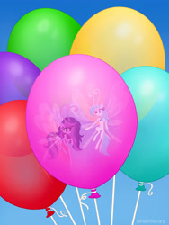 Size: 3000x4000 | Tagged: safe, artist:smallhorses, oc, oc:emilia starsong, oc:starburn, breezie, pony, g4, balloon, blue sky, bow, breeziefied, female, floating, helium, inside balloon, jewelry, necklace, species swap, tail, tail bow