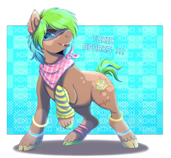 Size: 2959x2737 | Tagged: safe, alternate version, artist:kaijulii, oc, oc only, earth pony, >:), >:3, >:p, abstract background, bandana, blue background, blue eyes, blue mane, bushy brows, checkered background, cheek fluff, clothes, coat markings, colored hooves, cyan background, dancing, digital art, dyed hair, dyed mane, dyed tail, ear markings, ear piercing, earring, english, facial hair, facial markings, facial scar, glasses, glow rings, glowstick, green hooves, green mane, hooves, jewelry, leg band, leg markings, lighting, lip piercing, looking at you, mismatched hooves, multicolored hair, multicolored hooves, multicolored mane, multicolored tail, name, neon, nose piercing, piercing, pose, raised hoof, rearing, scar, scarf, shading, shadow, short tail, simple background, socks, socks (coat markings), solo, splotches, standing on three hooves, stockings, striped scarf, striped socks, striped tail, tail, text, thigh highs, three quarter view, three toned mane, tongue out, transparent background, turquoise eyes, two toned coat, two toned tail, wall of tags, wall of text, yellow hooves