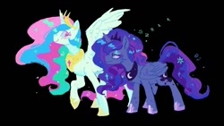 Size: 1152x648 | Tagged: safe, artist:boom175974, artist:🍄cello🌿, princess celestia, princess luna, alicorn, pony, g4, black background, blushing, duo, female, hoof shoes, jewelry, mare, peytral, regalia, simple background, sleepy, spread wings, wings