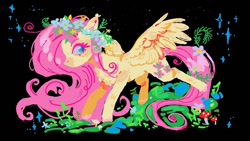 Size: 1152x648 | Tagged: safe, artist:boom175974, artist:🍄cello🌿, fluttershy, pegasus, pony, g4, chest fluff, female, floral head wreath, flower, mare, solo, spread wings, wings