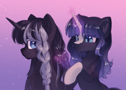 Size: 1175x841 | Tagged: safe, artist:anku, oc, oc only, pony, unicorn, horn, looking at each other, looking at someone, magic, pigtails, simple background