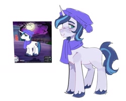 Size: 1864x1489 | Tagged: safe, artist:boom175974, artist:🍄cello🌿, gameloft, shining armor, pony, unicorn, g4, beanie, clothes, gameloft interpretation, hat, horn, male, scarf, simple background, smiling, solo, stallion, unshorn fetlocks, white background