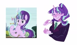 Size: 1949x1155 | Tagged: safe, artist:boom175974, artist:🍄cello🌿, starlight glimmer, human, pony, unicorn, g4, clothes, female, horn, horned humanization, humanized, jacket, magic, mare, necktie, s5 starlight, screencap reference, twilight's castle