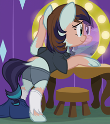 Size: 1030x1160 | Tagged: safe, artist:anonymous, coloratura, earth pony, human, pony, g4, /ptfg/, clothes, dressing room, female, human to pony, leaning, looking at self, mirror, show accurate, smiling, solo, transformation