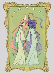 Size: 1126x1525 | Tagged: safe, artist:cellolikescat, princess celestia, princess luna, human, g4, clothes, dark skin, dress, duo, female, hat, hennin, holding hands, humanized