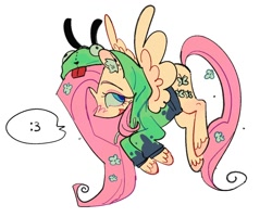 Size: 1696x1360 | Tagged: safe, artist:cellolikescat, fluttershy, pegasus, pony, antonymph, :3, clothes, dialogue, ear piercing, earring, female, fluttgirshy, flying, gir, hoodie, invader zim, jewelry, mare, piercing, simple background, speech bubble, spread wings, white background, wings