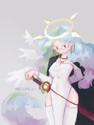 Size: 1536x2048 | Tagged: safe, artist:invisib1e_ez, princess celestia, human, g4, cloak, clothes, dress, elf ears, female, floating wings, halo, humanized, jewelry, necklace, solo, sword, weapon, winged humanization, wings