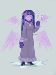 Size: 1536x2048 | Tagged: safe, artist:invisib1e_ez, twilight sparkle, human, g4, clothes, female, floating wings, gloves, gray background, humanized, multiple wings, simple background, solo, winged humanization, wings, winter outfit