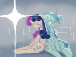 Size: 2048x1536 | Tagged: safe, artist:invisib1e_ez, bon bon, lyra heartstrings, sweetie drops, earth pony, pony, unicorn, g4, back to back, duo, female, horn, lesbian, mare, ship:lyrabon, shipping, sitting