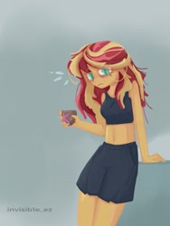 Size: 1536x2048 | Tagged: safe, artist:invisib1e_ez, sunset shimmer, human, equestria girls, g4, bra, clothes, crop top bra, exposed belly, eye clipping through hair, eyebrows, eyebrows visible through hair, female, shorts, solo, underwear