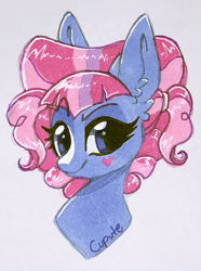 Size: 941x1267 | Tagged: safe, artist:cupute, kiwi lollipop, earth pony, pony, equestria girls, equestria girls specials, g4, my little pony equestria girls: better together, my little pony equestria girls: sunset's backstage pass, alcohol markers, bangs, big ears, blue body, blue eyes, bust, cel shading, curly hair, curly mane, cute, ear fluff, earth pony kiwi lollipop, equestria girls ponified, eyebrows, eyebrows visible through hair, eyeshadow, female, heart, heart cheeks, k-lo, k-lo betes, magenta mane, makeup, micron pen, multicolored hair, multicolored mane, ohulu markets, paper, paper background, photo, pigtails, pink mane, ponified, portrait, shading, shiny body, shiny mane, simple background, smiling, smirk, smug, solo, solo female, solo mare, traditional art, wrong body color