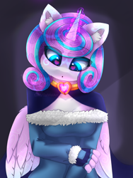 Size: 2500x3333 | Tagged: safe, artist:taiweiart, princess cadance, princess celestia, princess flurry heart, princess luna, alicorn, crystal pony, earth pony, pegasus, pony, unicorn, anthro, flurry heart's story, g4, blue eyes, chest fluff, crystal, crystal empire, crystal heart, dark background, ear fluff, empress, fluffy, glowing, glowing eyes, glowing horn, glowing mane, heart, heart eyes, hearts and hooves day, horn, love, magic, princess, purple hair, purple mane, queen, solo, wingding eyes, wings