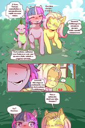 Size: 960x1440 | Tagged: safe, artist:cold-blooded-twilight translation, edit, fluttershy, spike, twilight sparkle, oc, dragon, pegasus, pony, unicorn, cold blooded twilight, comic:cold storm (ru), g4, blushing, bush, comic, cyrillic, dialogue, emanata, eyes closed, fangs, female, flower, flower in hair, horn, long eyelashes, male, mare, open mouth, open smile, outdoors, russian, shivering, smiling, speech bubble, sweat, translation, translator:agent00k0t, unicorn twilight