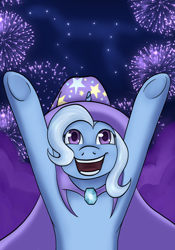 Size: 1668x2388 | Tagged: safe, artist:theedgyduck, part of a set, trixie, pony, unicorn, series:leechlord draws every episode, boast busters, g4, my little pony: friendship is magic, arms in the air, brooch, cape, clothes, constellation, female, fireworks, hat, horn, jewelry, magician outfit, mare, night, part of a series, smiling, solo, trixie's brooch, trixie's cape, trixie's hat