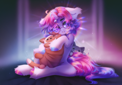 Size: 3680x2576 | Tagged: safe, artist:shenki, oc, oc only, cat, pony, unicorn, ear fluff, floppy ears, fluffy, glasses, horn, hug, looking at you, round glasses, solo