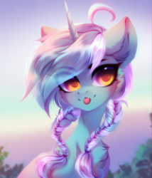 Size: 1749x2040 | Tagged: safe, artist:shenki, lyra heartstrings, pony, unicorn, g4, alternate hairstyle, braid, cute, female, horn, looking at you, lyrabetes, mare, outdoors, solo, tongue out