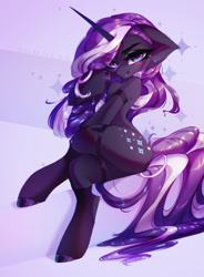 Size: 2192x2972 | Tagged: safe, artist:shenki, nightmare rarity, pony, unicorn, g4, blushing, crossed legs, eye clipping through hair, female, floppy ears, high res, horn, legwear, looking at you, mare, sitting, smiling, solo