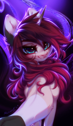 Size: 1250x2148 | Tagged: safe, artist:shenki, oc, oc only, oc:fire spark, pony, unicorn, abstract background, back fluff, colored, concave belly, ear fluff, fangs, female, horn, looking at you, looking back, looking back at you, mare, rear view, shading, shiny eyes, signature, slender, solo, spine, thin, turned head