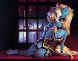 Size: 3020x2363 | Tagged: safe, artist:shenki, oc, oc only, oc:maple parapet, unicorn, anthro, unguligrade anthro, city, clothes, collar, cuffs, fishnet clothing, fishnet stockings, high res, horn, indoors, solo, stockings, thigh highs, window