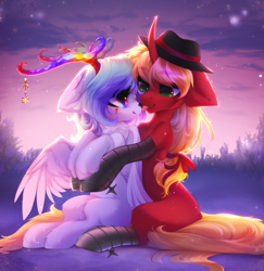 Size: 2333x2404 | Tagged: safe, artist:shenki, oc, oc only, pegasus, pony, unicorn, antlers, curved horn, duo, fedora, female, floppy ears, hat, high res, horn, hug, looking at each other, looking at someone, male, mare, mlem, outdoors, pegasus oc, silly, tongue out, unicorn oc