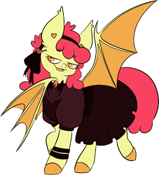 Size: 1116x1230 | Tagged: safe, artist:isaacbloom, apple bloom, bat pony, pony, undead, vampire, g4, bat ponified, bloombat, clothes, dress, eyeliner, fangs, female, filly, foal, makeup, race swap, simple background, solo, transparent background