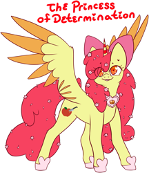 Size: 1319x1530 | Tagged: safe, artist:isaacbloom, apple bloom, alicorn, pony, g4, alicornified, bloomicorn, female, flower, flower in hair, grin, mare, race swap, simple background, smiling, solo, spread wings, text, transparent background, wings