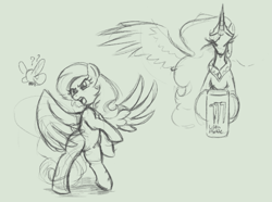 Size: 1381x1026 | Tagged: safe, artist:lillslim, princess celestia, oc, unnamed oc, alicorn, parasprite, pegasus, pony, g4, angry, drink, energy drink, monster energy, open mouth, pegasus oc, question mark, rearing, sketch, wings