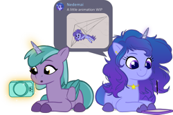 Size: 3562x2385 | Tagged: safe, artist:equestriaexploration, shiny sparks, oc, oc:nedemai, alicorn, pony, unicorn, g5, cellphone, horn, phone, pronre, simple background, tablet, transparent background