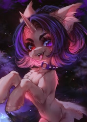 Size: 2917x4096 | Tagged: safe, artist:shenki, oc, oc only, pony, unicorn, chest fluff, choker, ear piercing, earring, female, heart, heart eyes, heterochromia, horn, jewelry, mare, piercing, solo, spiked choker, tongue out, wingding eyes